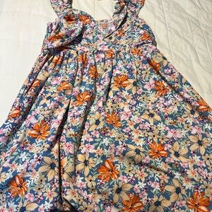 Pink Lily Blue Floral Sundress with Orange & Cream Blooms